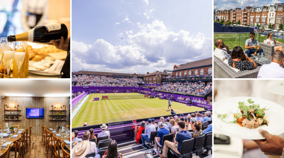 A collage of image showcasing tennis tournament hospitality