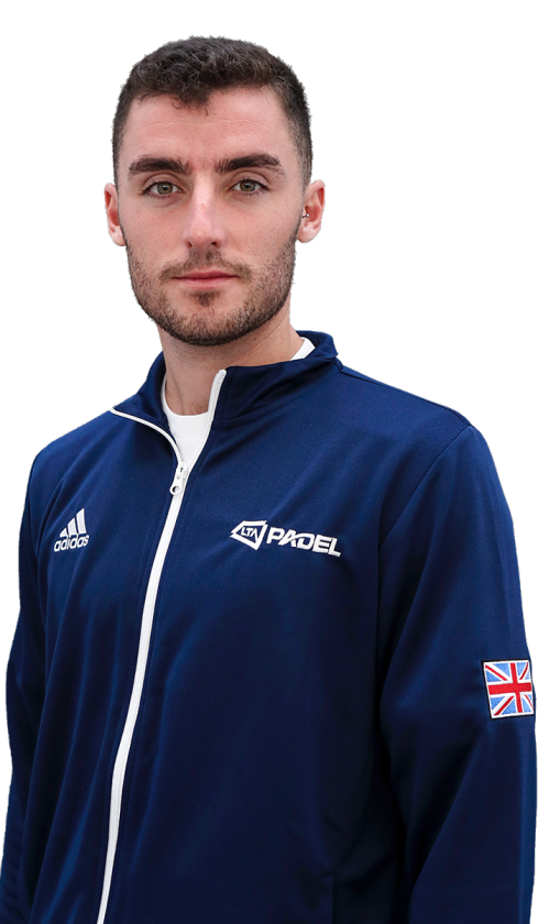 A side-on body shot of British padel player Christian Medina Murphy smiling